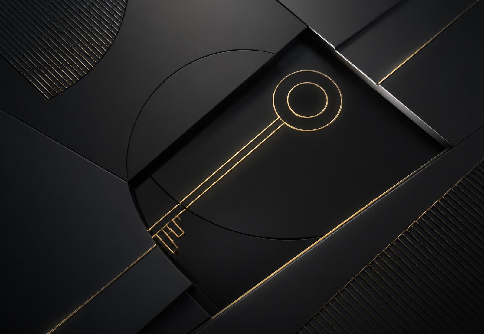 Abstract champagne gold key on a matte black surface representing MasterKey DidIt